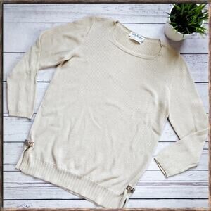 SALVATORE FERRAGAMO Tan Beige 100 % Cotton Buckle Detail Sweater size M